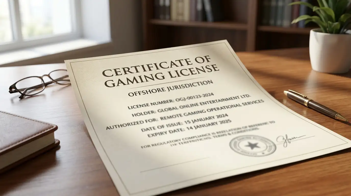 Generic offshore gaming license document without identifiable crests or operator names