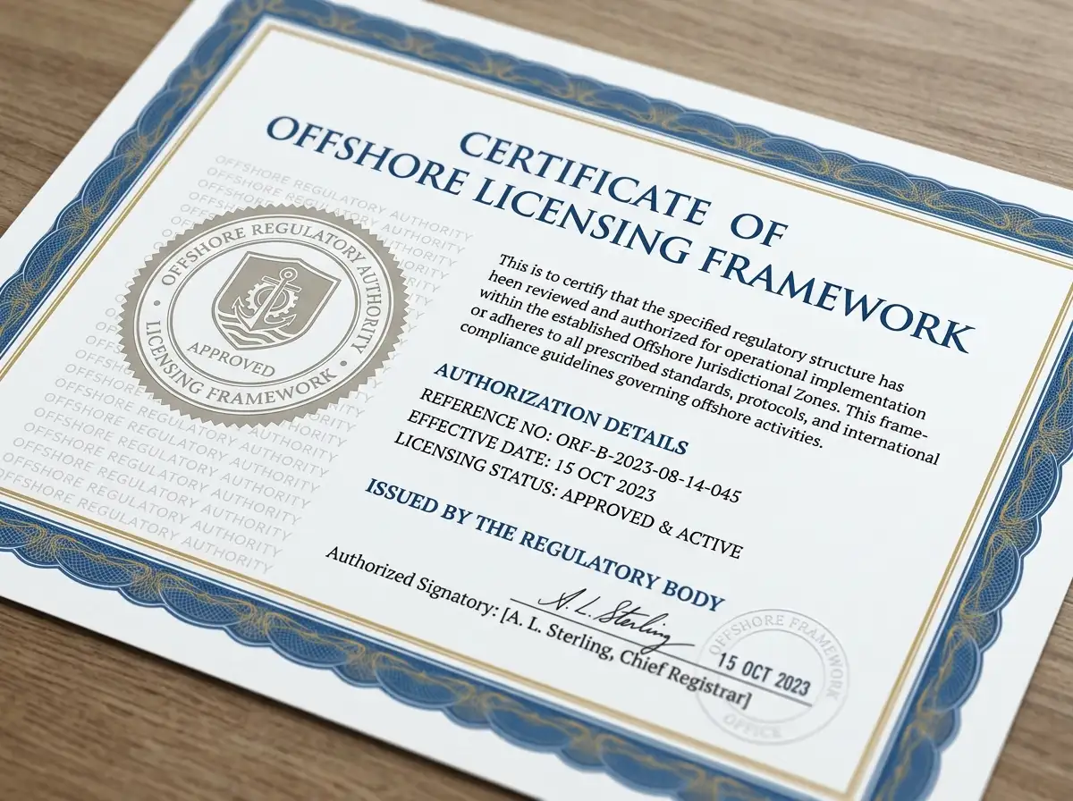 Generic licensing document with formal border design representing offshore regulatory framework