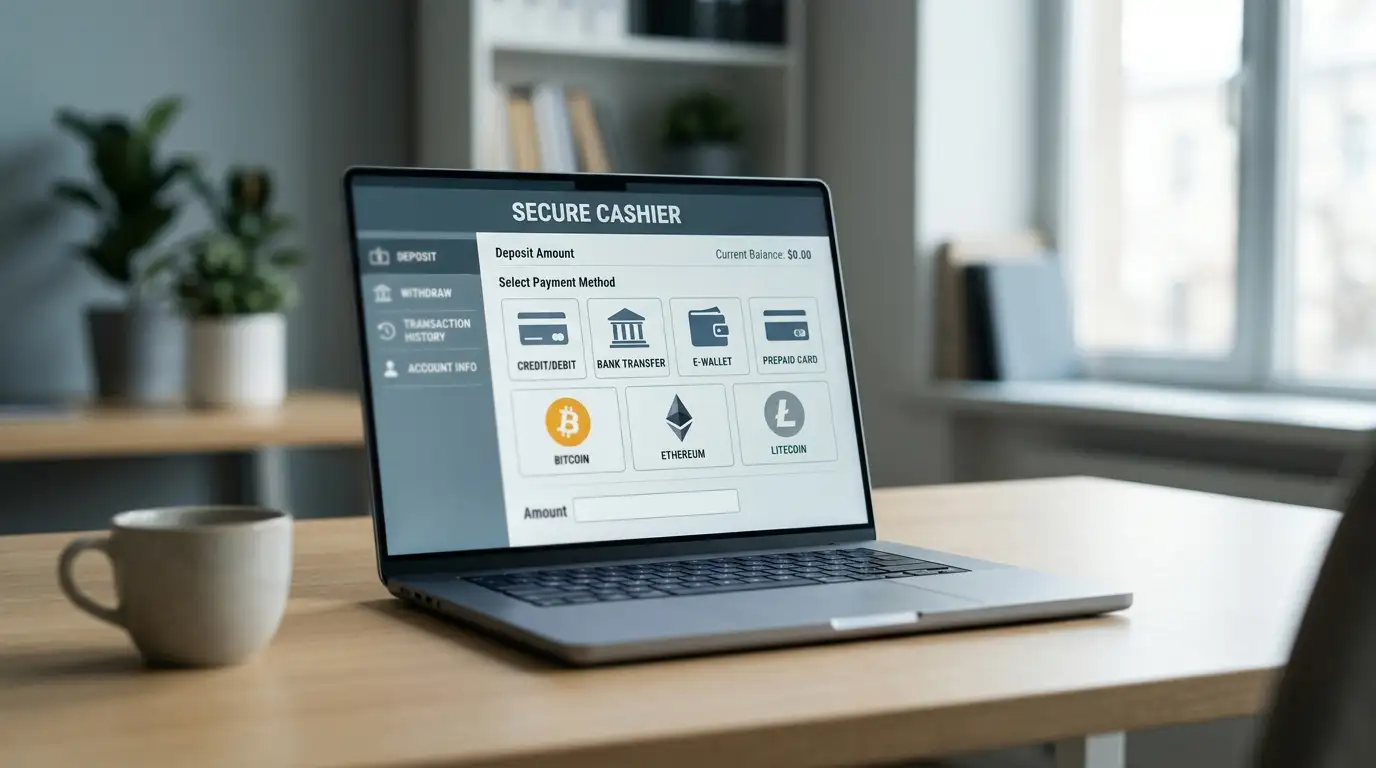 Modern laptop showing offshore casino cashier with PayID and cryptocurrency payment options