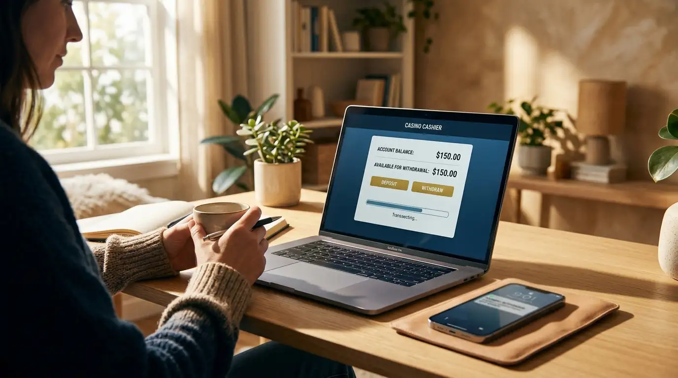 Person at laptop viewing casino cashier withdrawal interface