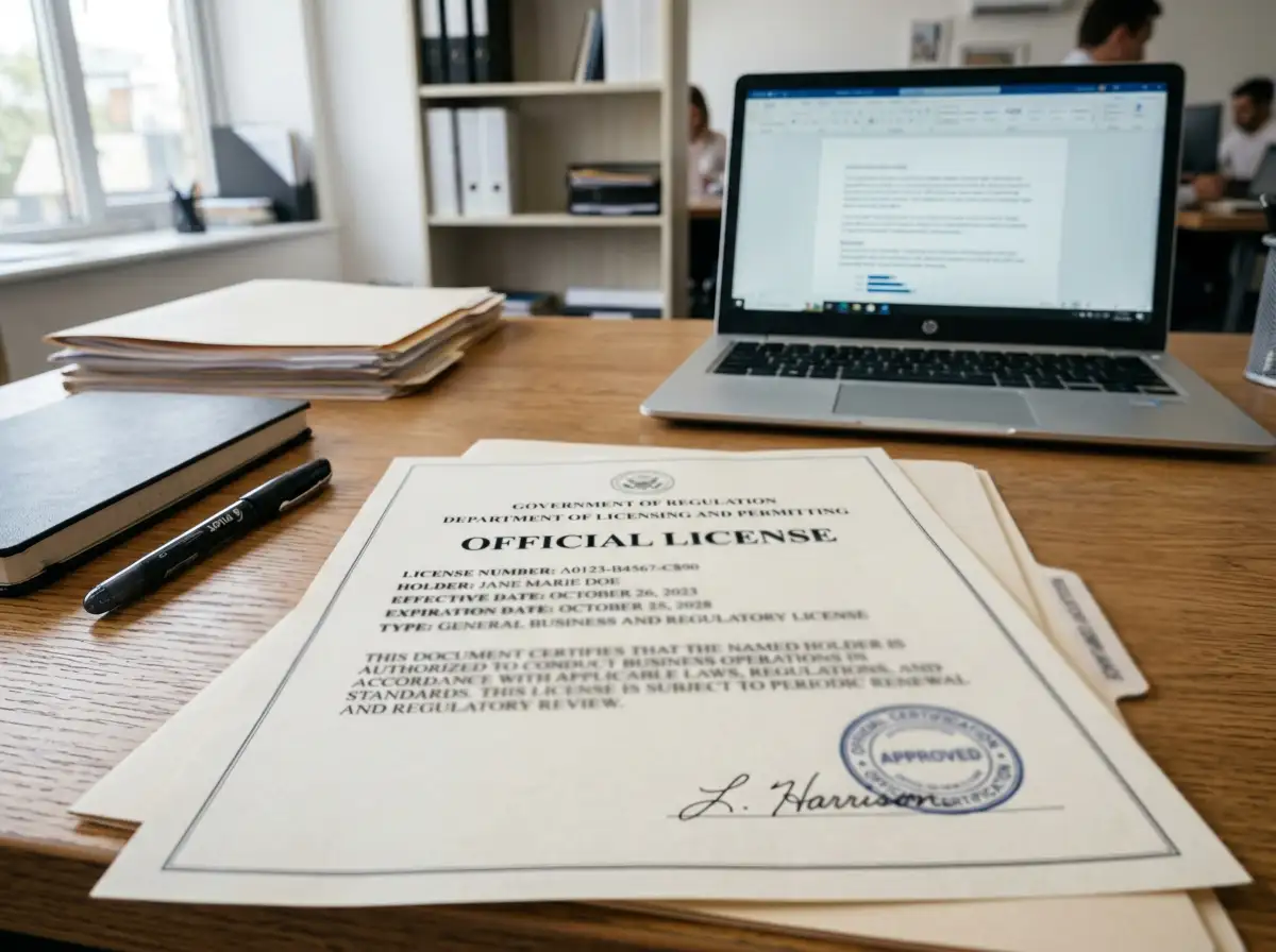 Official-looking generic license document on desk with stamp visible