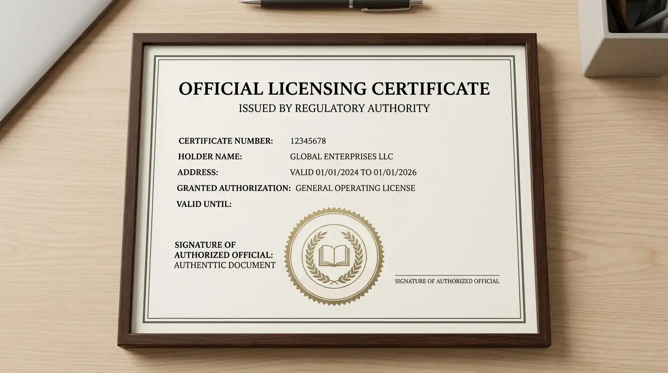 Offshore gambling license certificate showing Curaçao Gaming Control Board seal