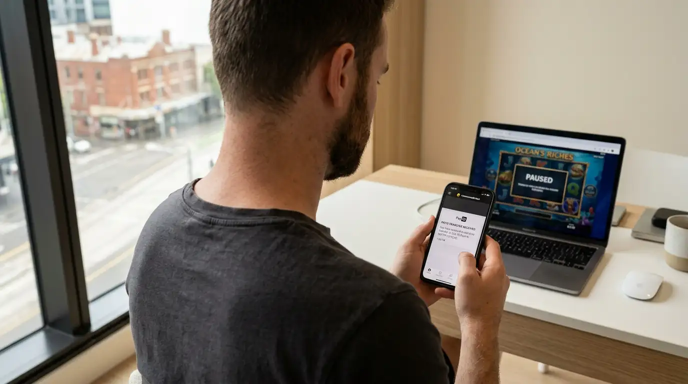 Australian player checking pokies withdrawal on smartphone with PayID banking interface