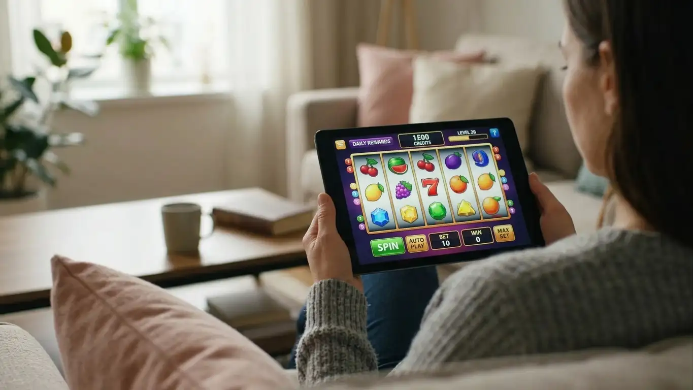 Person playing online slot game on tablet showing colorful pokies interface