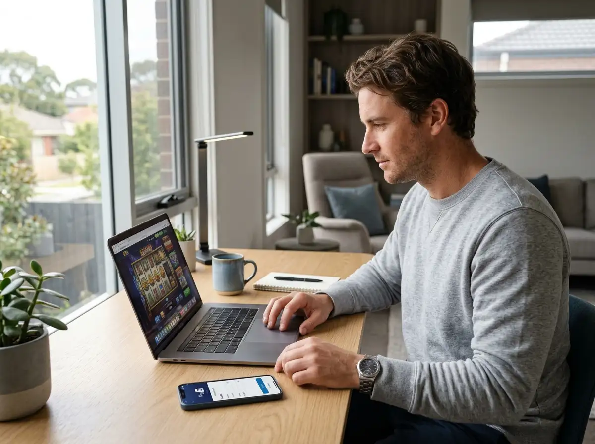 Australian player using PayID to deposit at an online pokies site on laptop