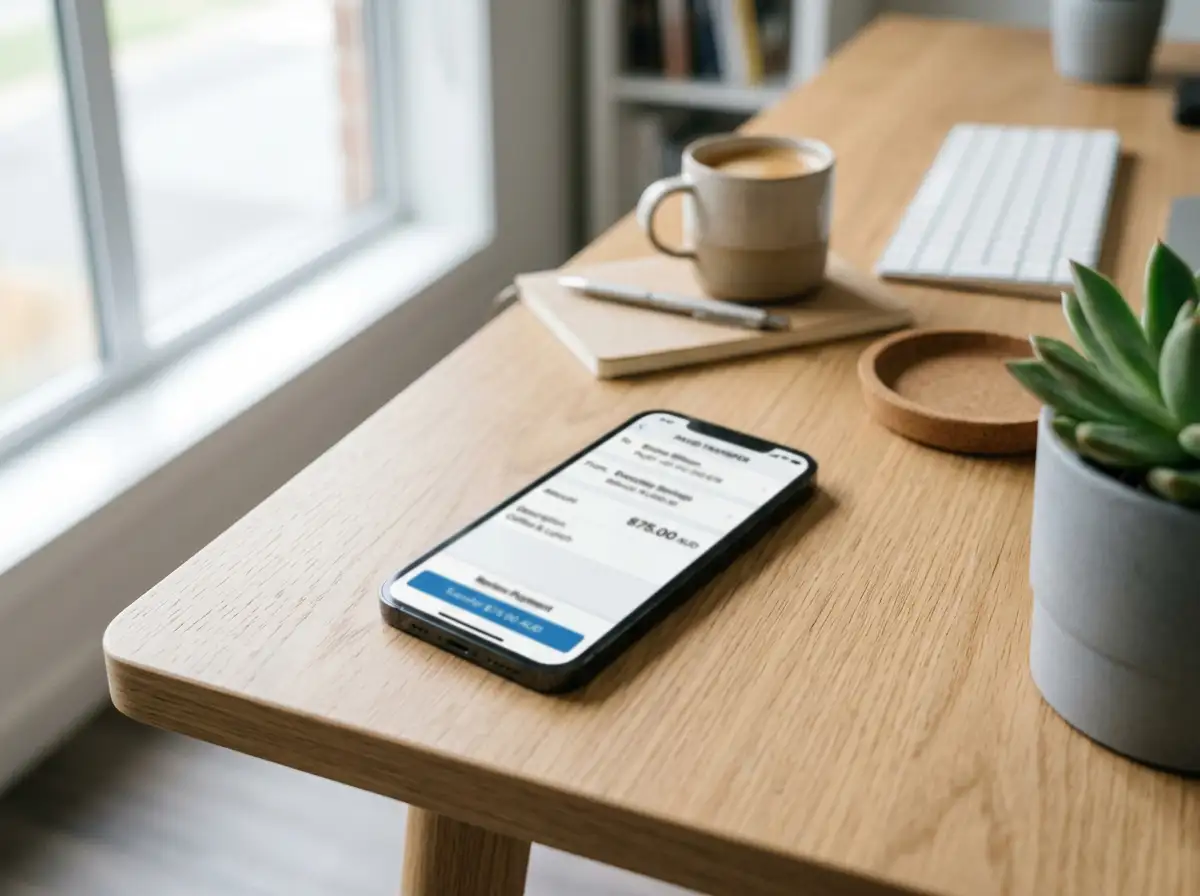 Modern smartphone displaying Australian mobile banking app with PayID transfer interface on clean desk