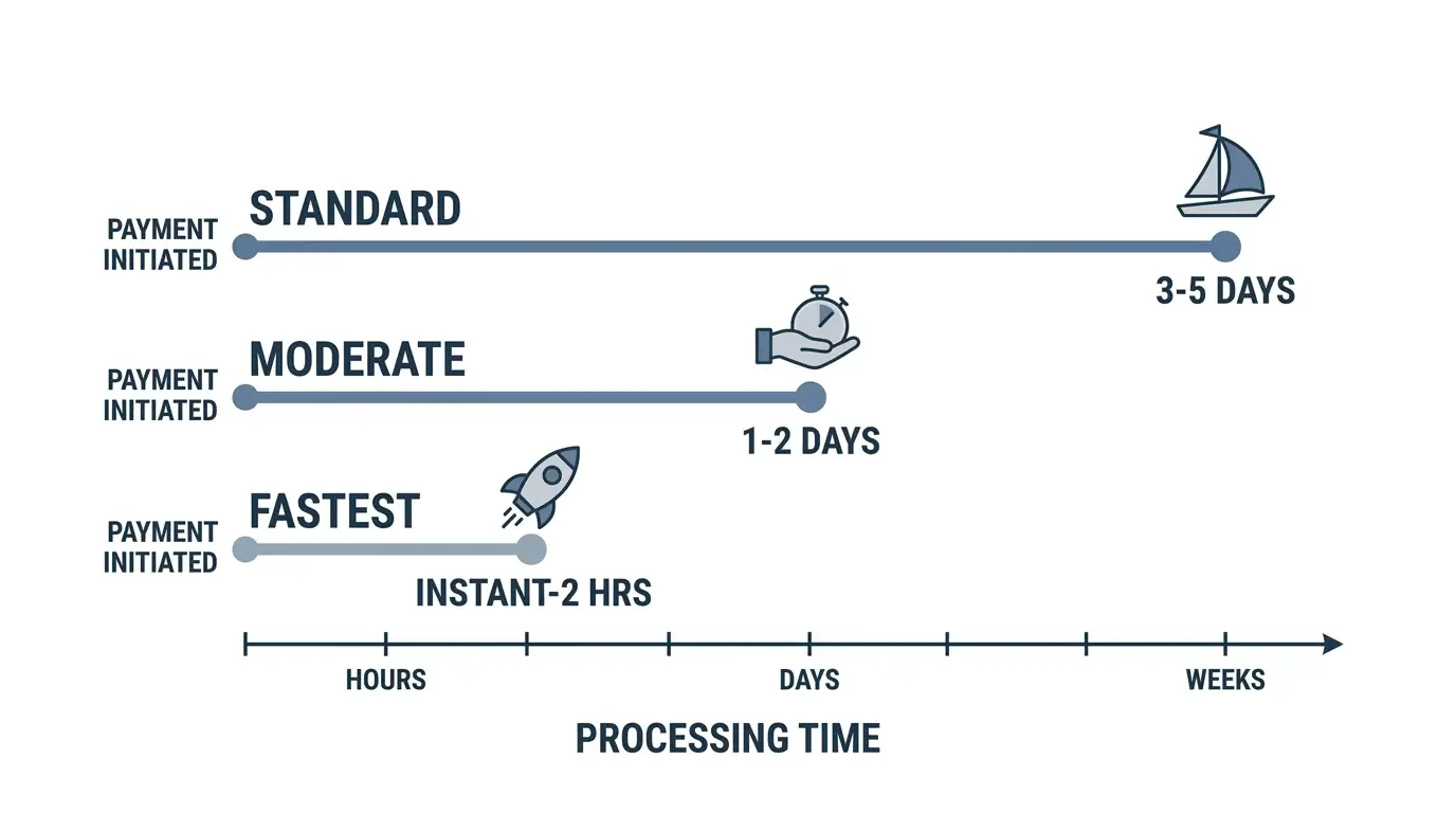 Minimalist timeline chart comparing payment processing speeds across three tiers