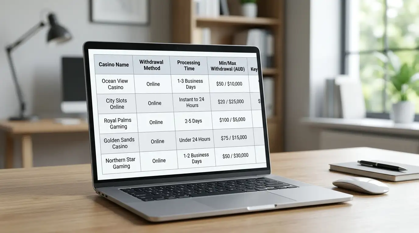 Comparison table displayed on laptop screen showing casino withdrawal speeds and limits