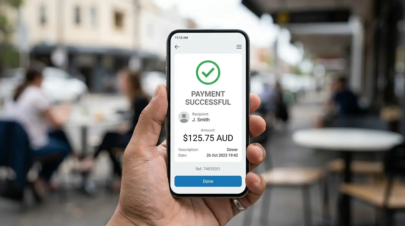 Smartphone displaying PayID instant payment confirmation screen