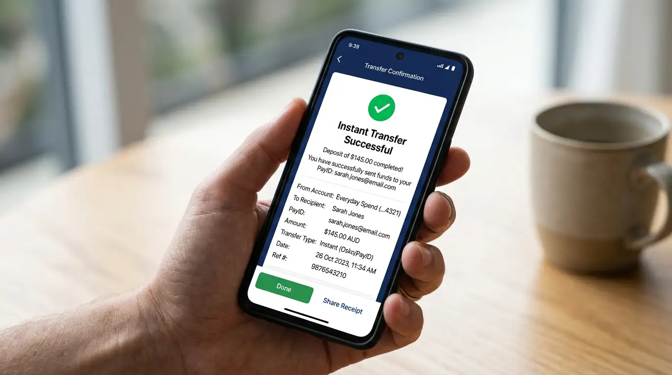 Smartphone displaying PayID transfer confirmation with instant deposit notification