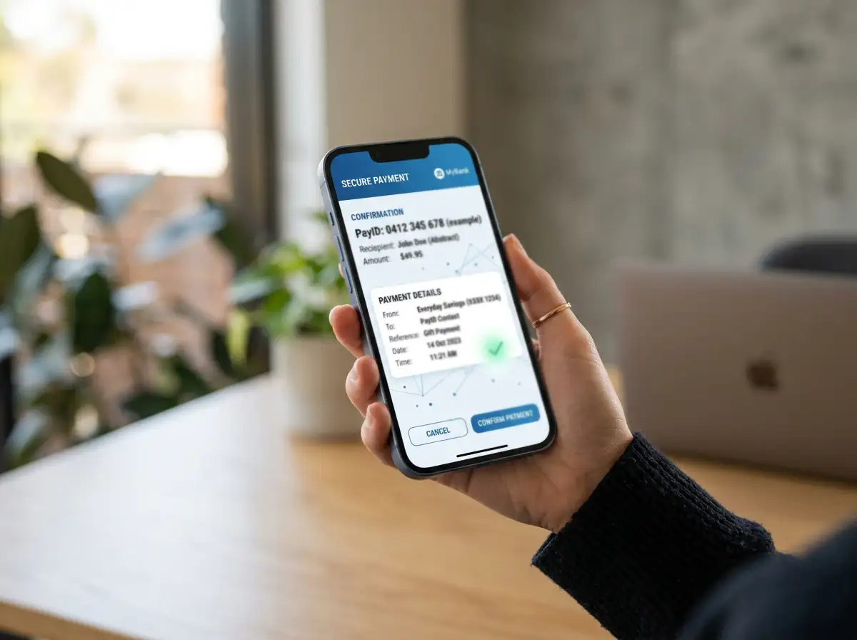 Smartphone displaying banking app interface with PayID confirmation