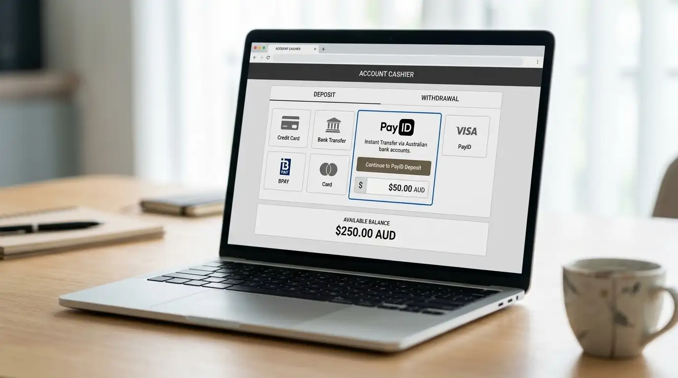 Laptop displaying offshore casino cashier with PayID deposit option