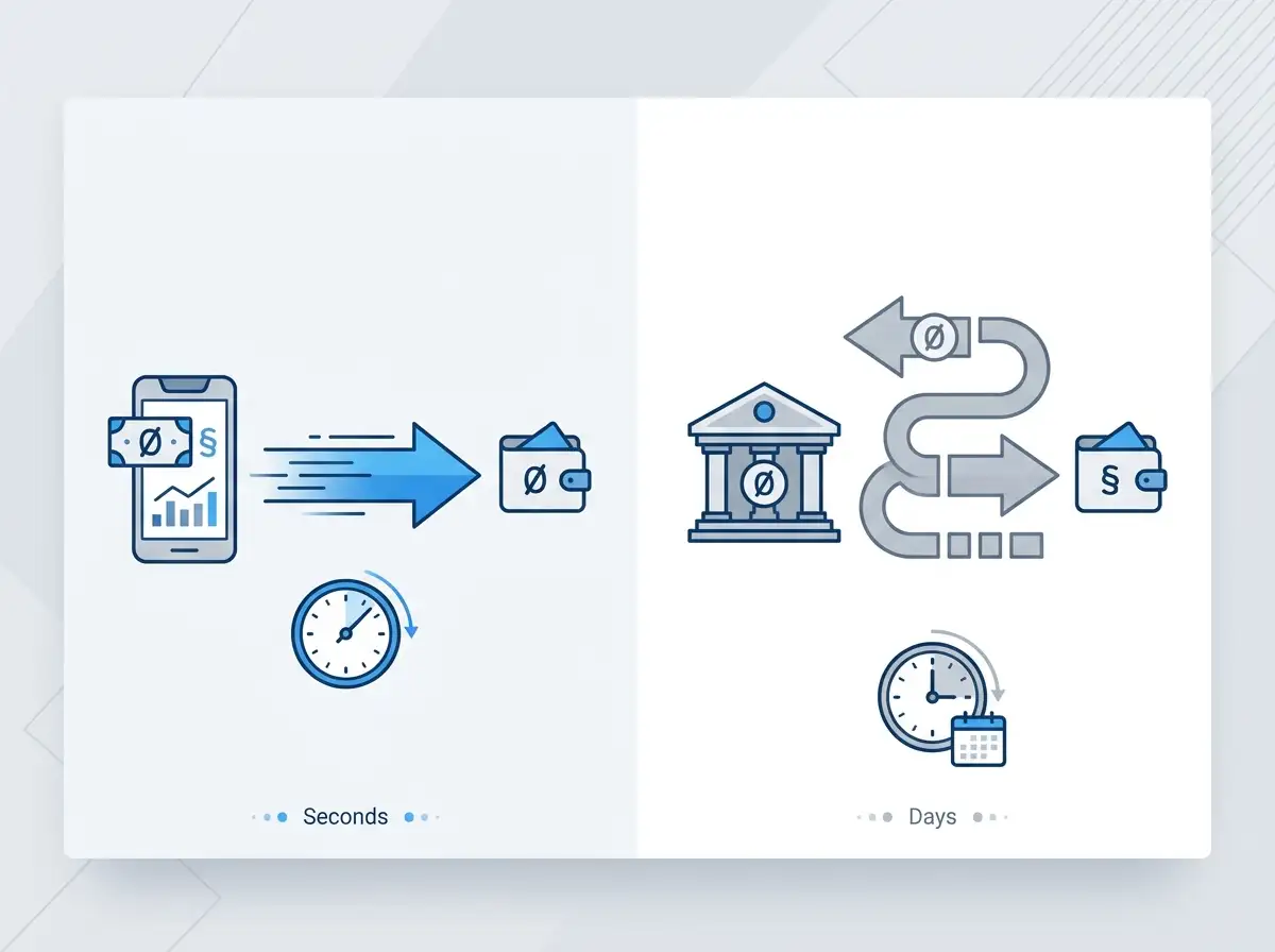 Comparison diagram showing NPP instant deposit versus standard bank transfer withdrawal