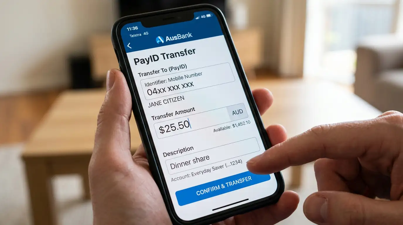 Smartphone displaying PayID bank transfer interface with Australian banking app