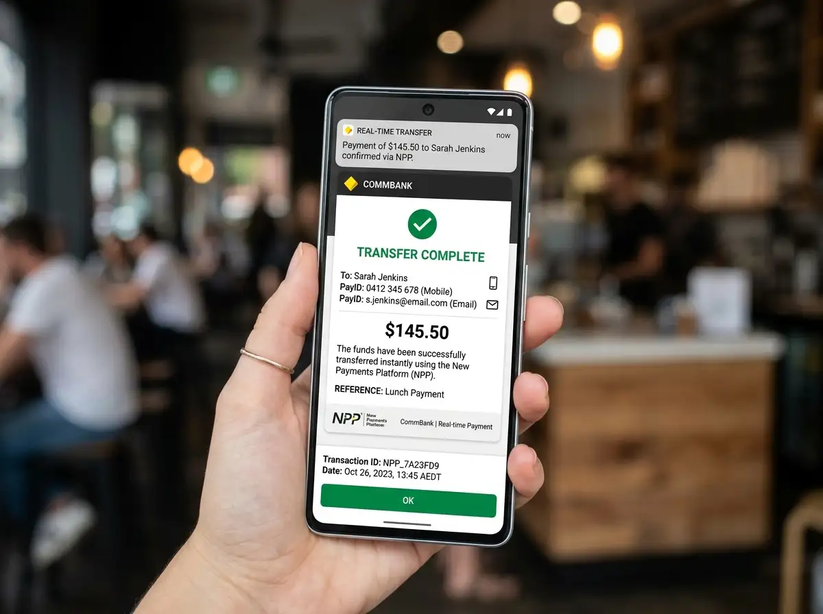 Mobile phone displaying PayID payment interface with NPP real-time transfer confirmation