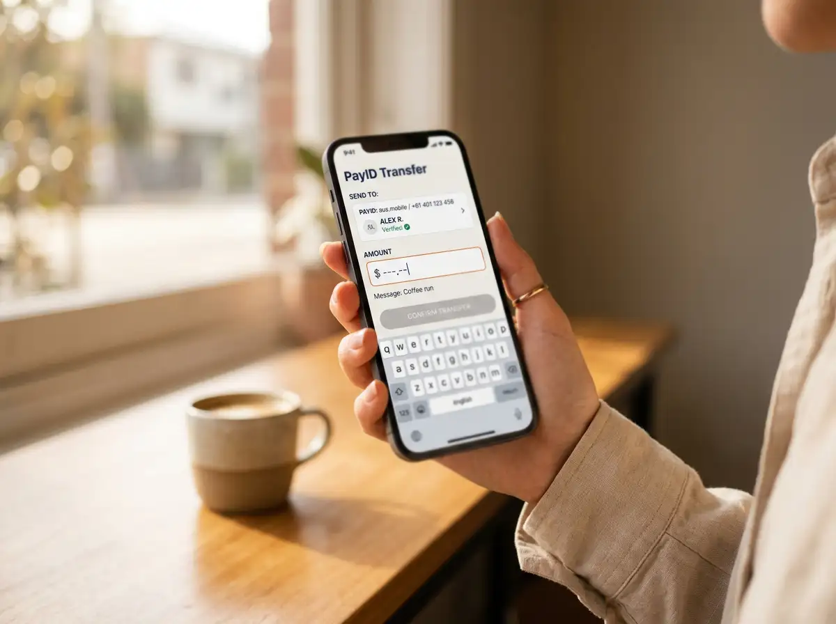 Mobile banking app showing PayID transfer interface with instant settlement