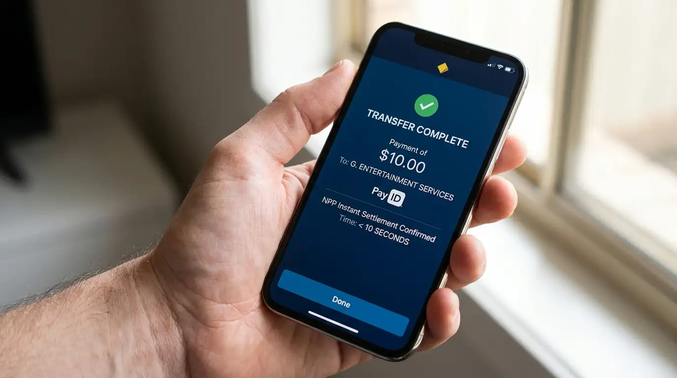 Smartphone showing PayID instant bank transfer completing $10 deposit to offshore casino in under 10 seconds