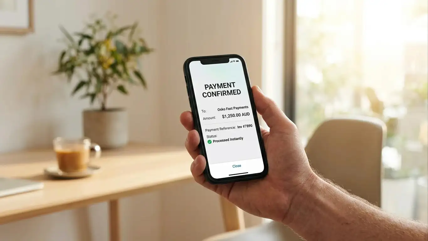 Smartphone displaying instant payment confirmation with Australian dollar symbol