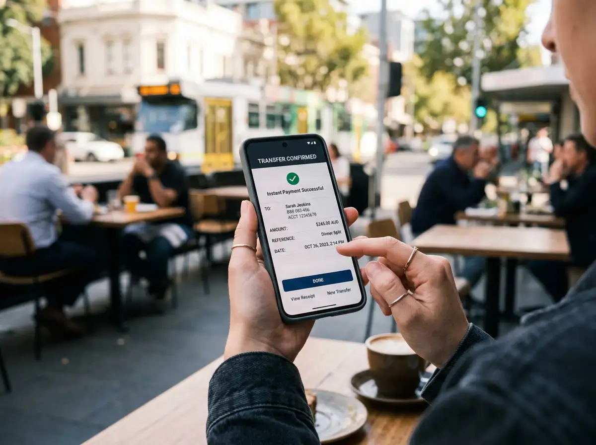 Close-up of hands holding smartphone with mobile banking instant transfer confirmation screen