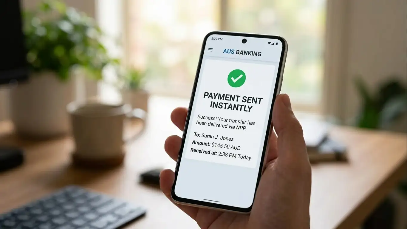 Smartphone showing instant PayID transfer confirmation with Australian bank app interface
