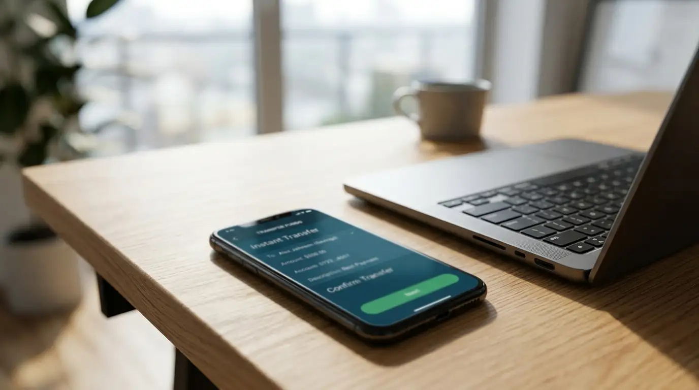 Mobile phone showing PayID banking app interface with instant transfer