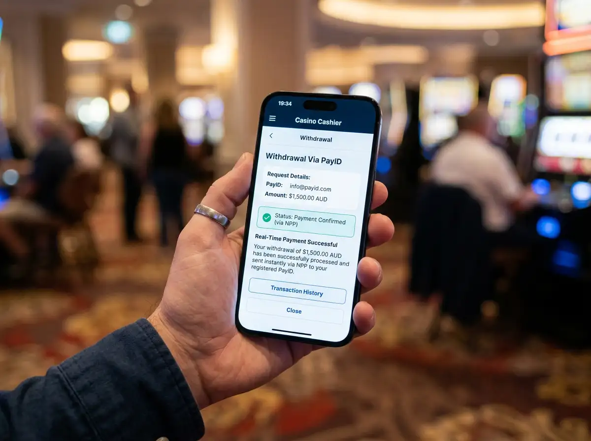 Close-up of smartphone screen showing PayID withdrawal request in casino cashier with NPP real-time payment confirmation