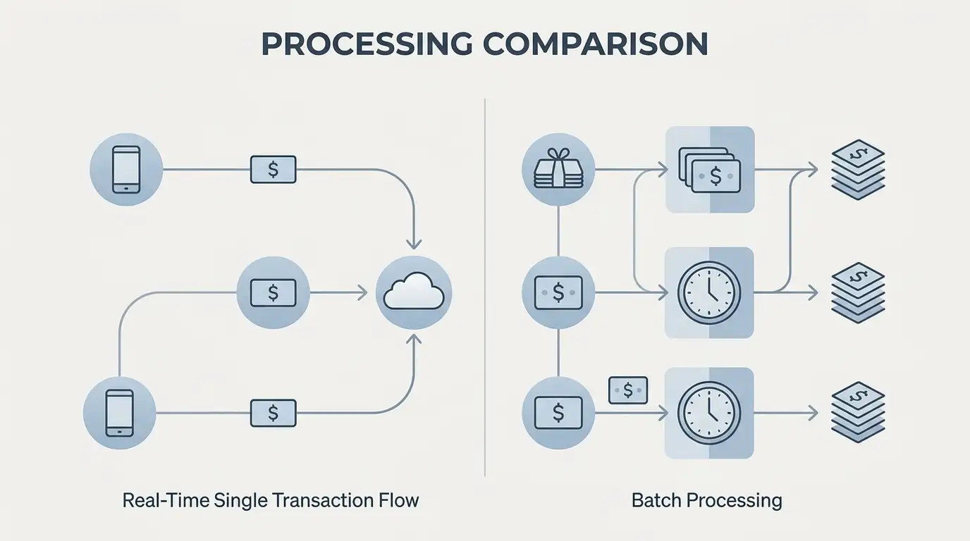 Comparison diagram showing NPP real-time clearing versus BECS batch processing windows