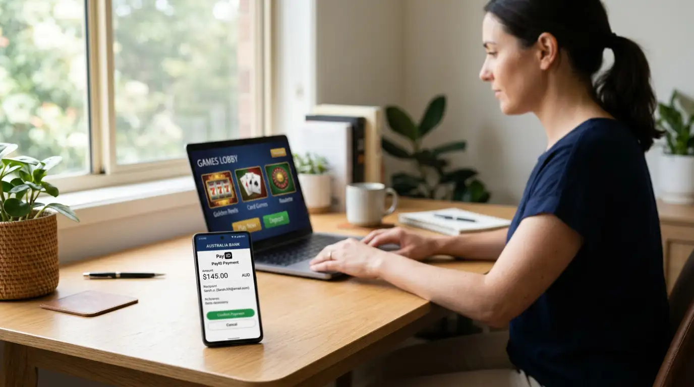 Modern smartphone showing PayID payment interface with Australian casino lobby in background