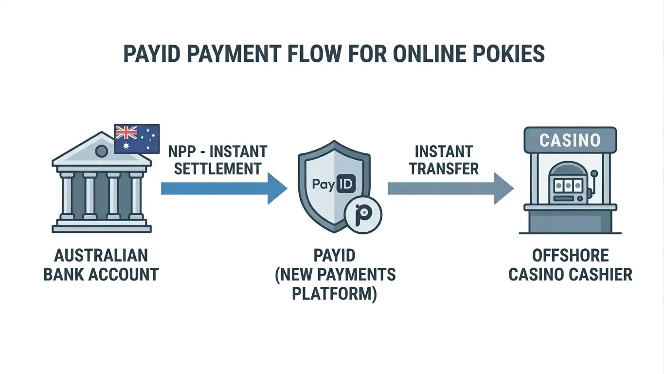 Diagram showing PayID payment flow from Australian bank account through NPP to offshore casino