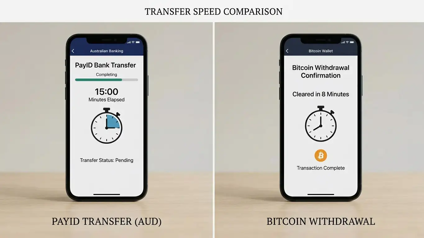 Split screen comparison showing PayID bank transfer completing in 15 minutes versus Bitcoin withdrawal clearing in 8 minutes
