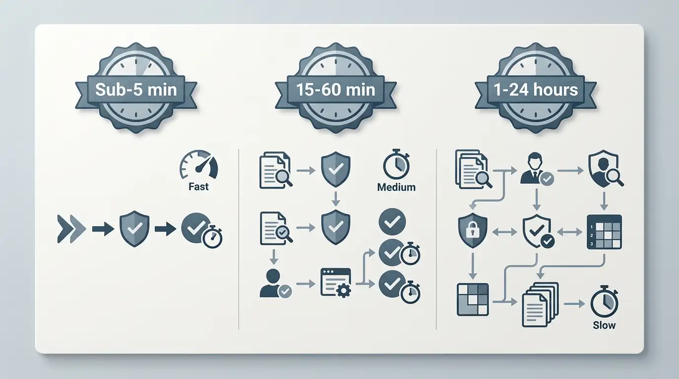 Diagram showing three PayID withdrawal speed tiers from sub-5 minutes to 24 hours with casino approval workflow