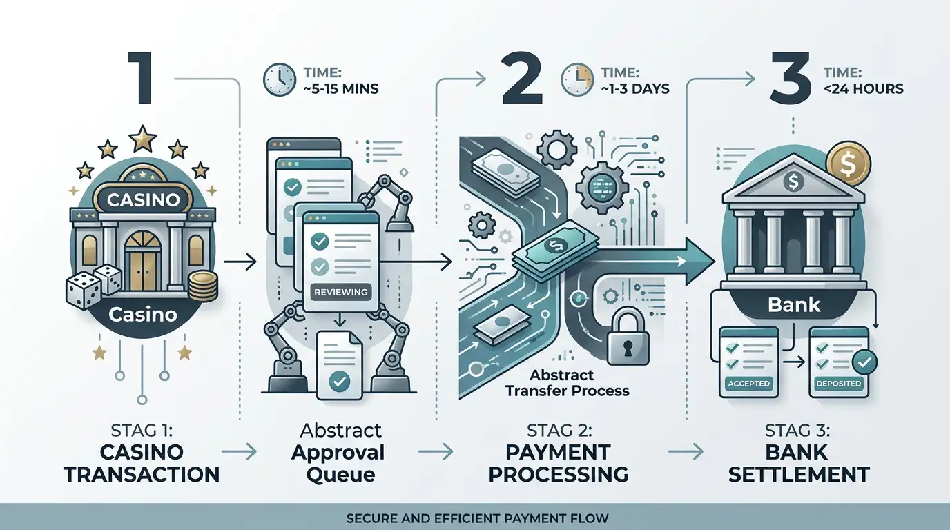 Diagram showing three stages of PayID withdrawal process from casino to player bank