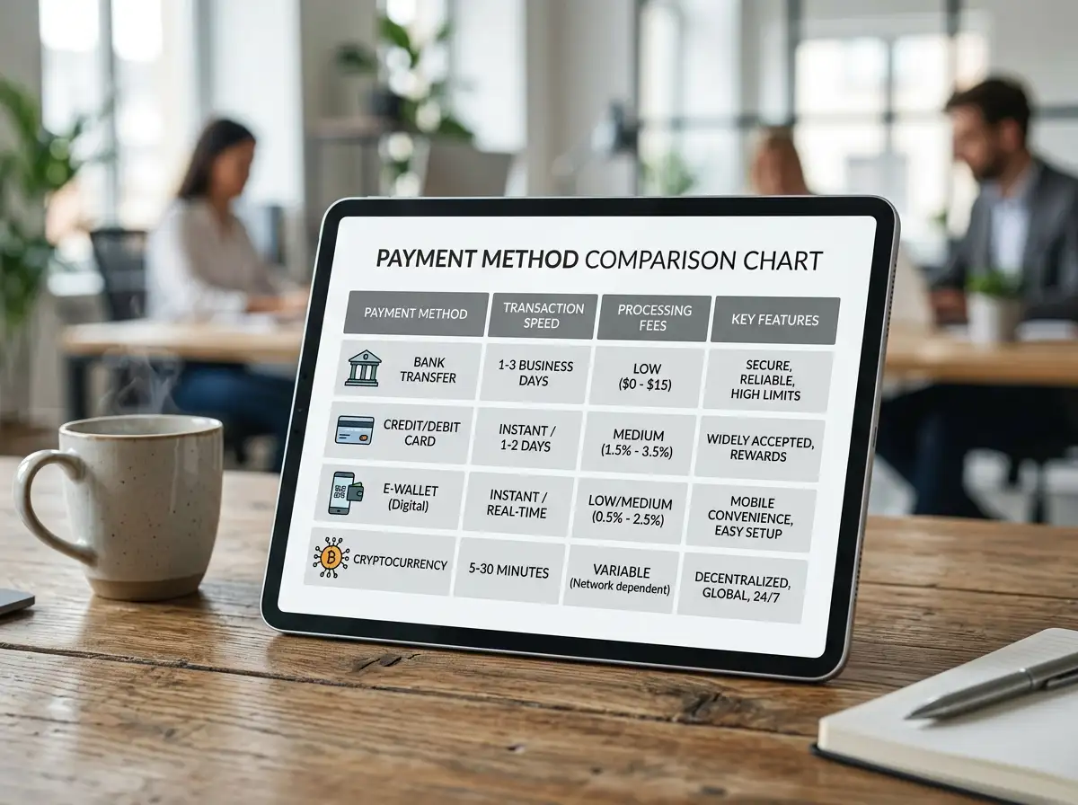Comparison chart showing PayID, Bitcoin, and e-wallet payment methods