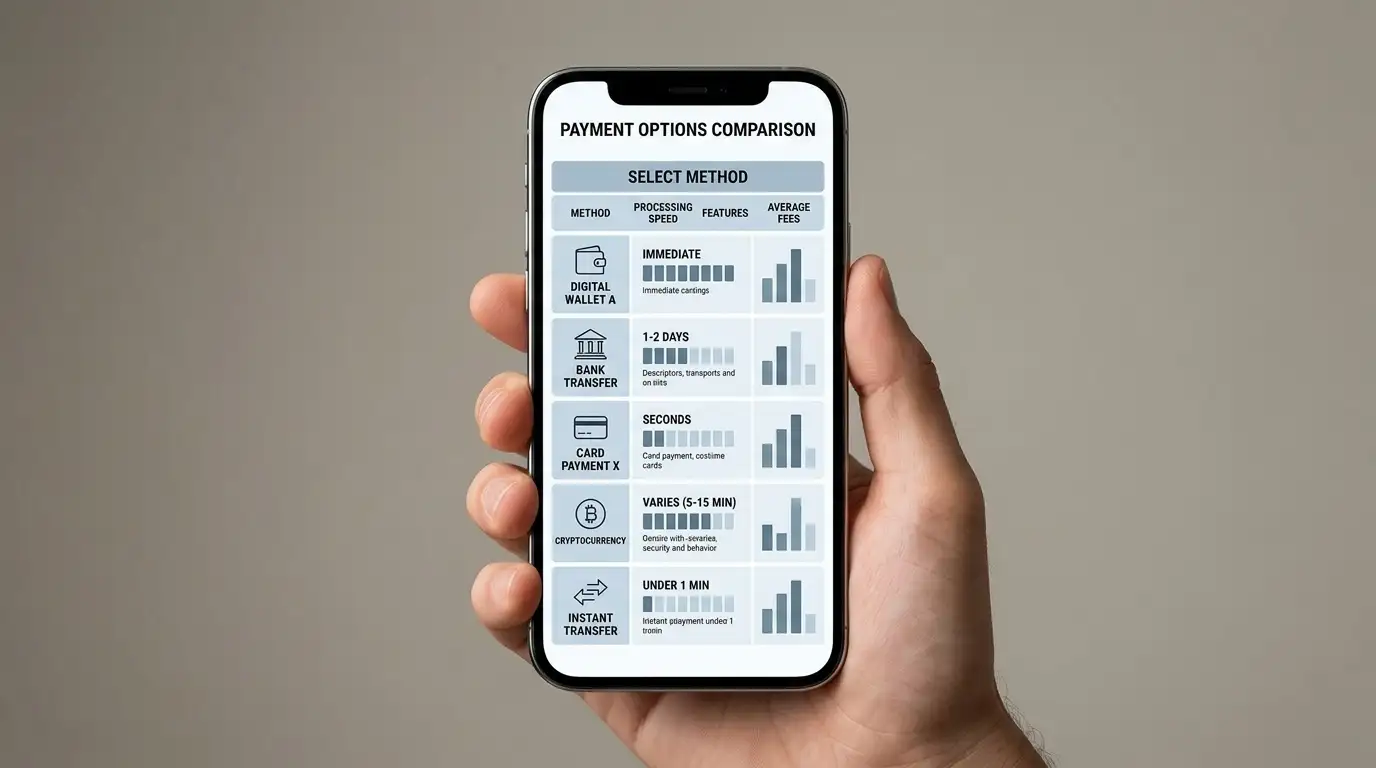 Phone screen showing payment method comparison chart with speed ratings