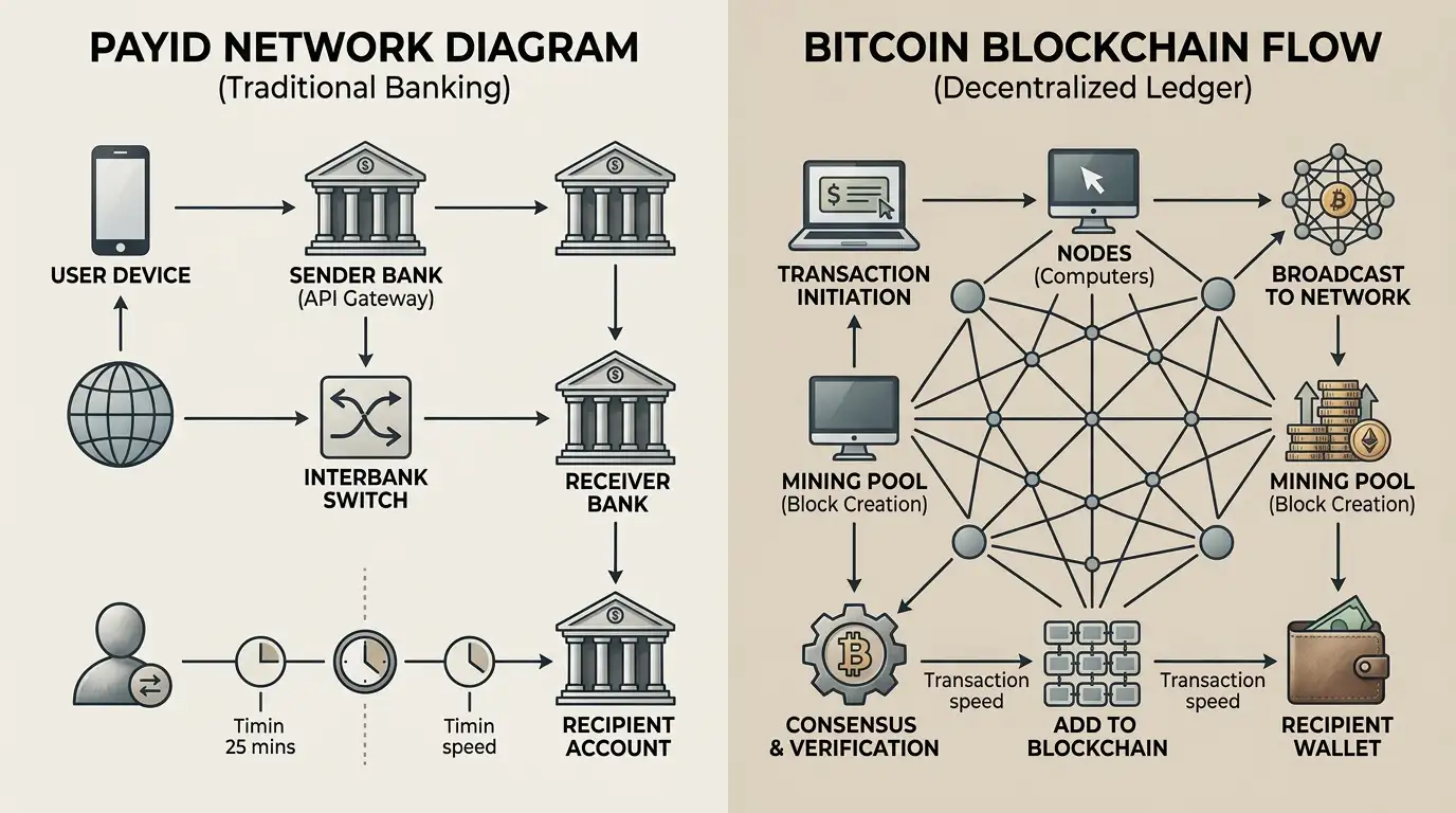 Side-by-side comparison of PayID NPP network and Bitcoin blockchain transaction flows