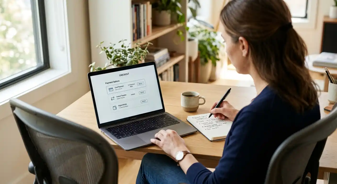 Person reviewing multiple payment method options on a laptop screen with a notepad showing speed comparisons