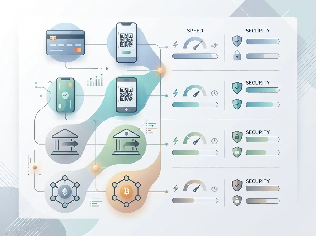Clean diagram showing payment method comparison with speed and security indicators