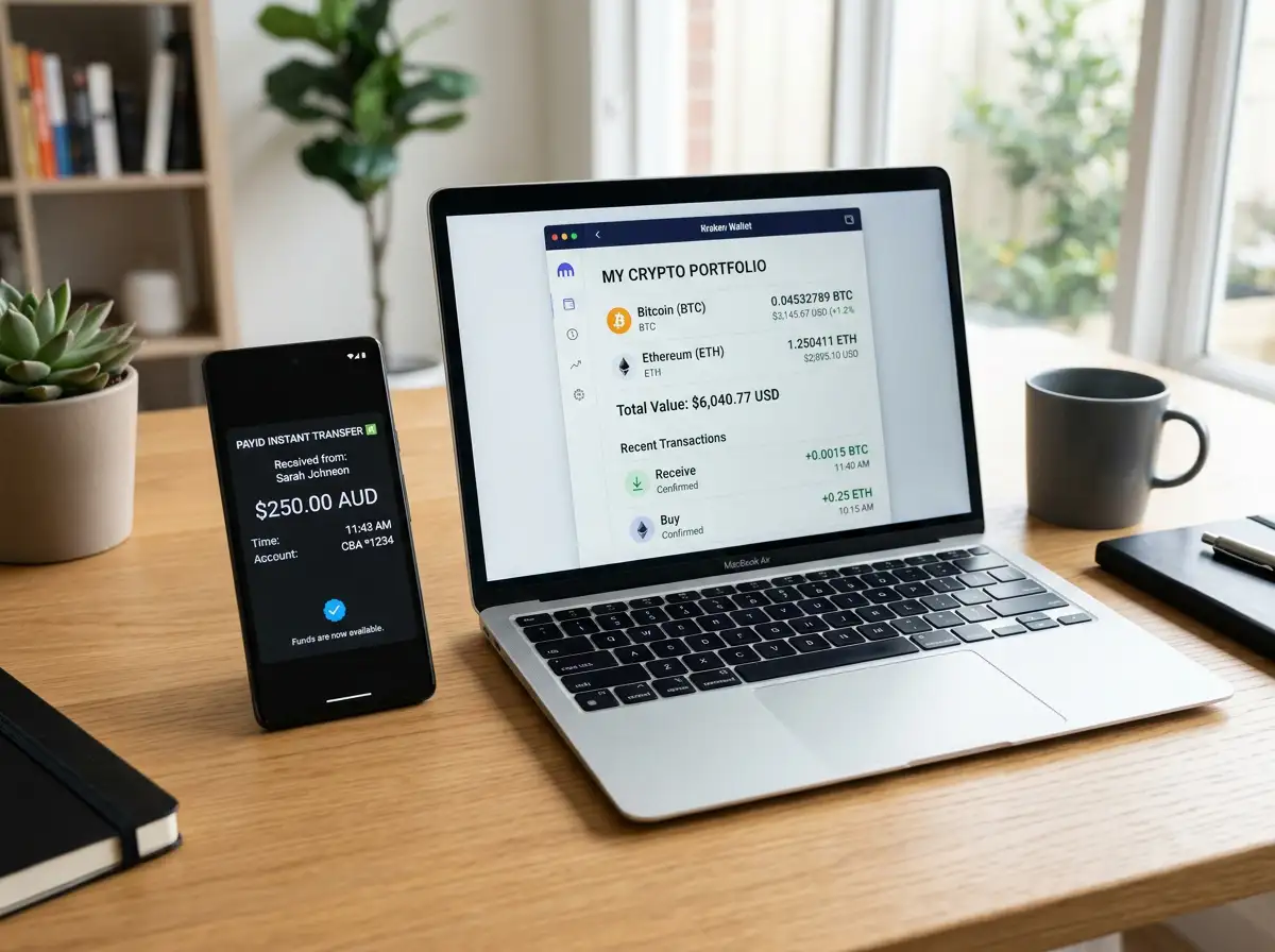Smartphone displaying PayID instant transfer notification next to laptop showing cryptocurrency wallet
