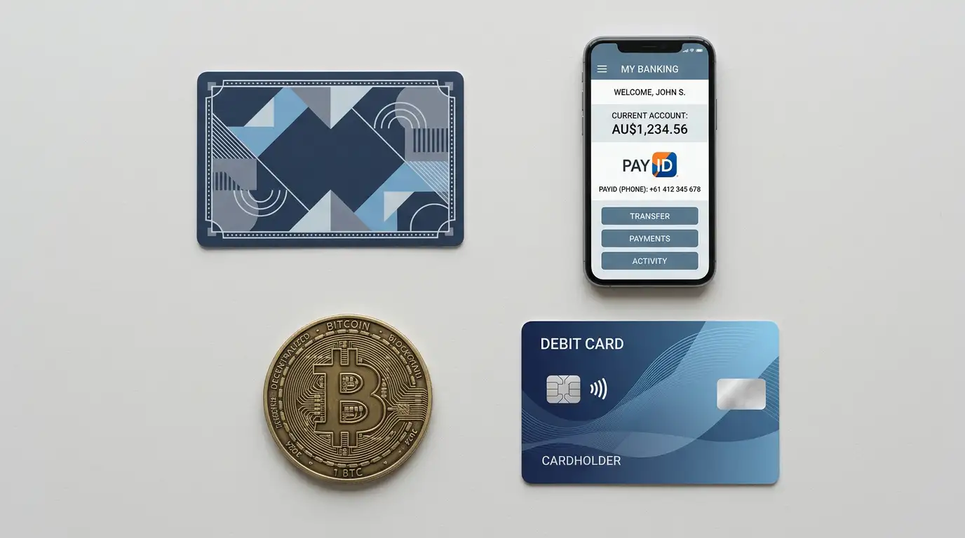 Flat lay of payment methods: Neosurf voucher, smartphone with PayID, Bitcoin token, debit card