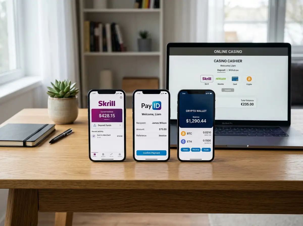 Side-by-side comparison of payment method interfaces showing Skrill, PayID, and crypto