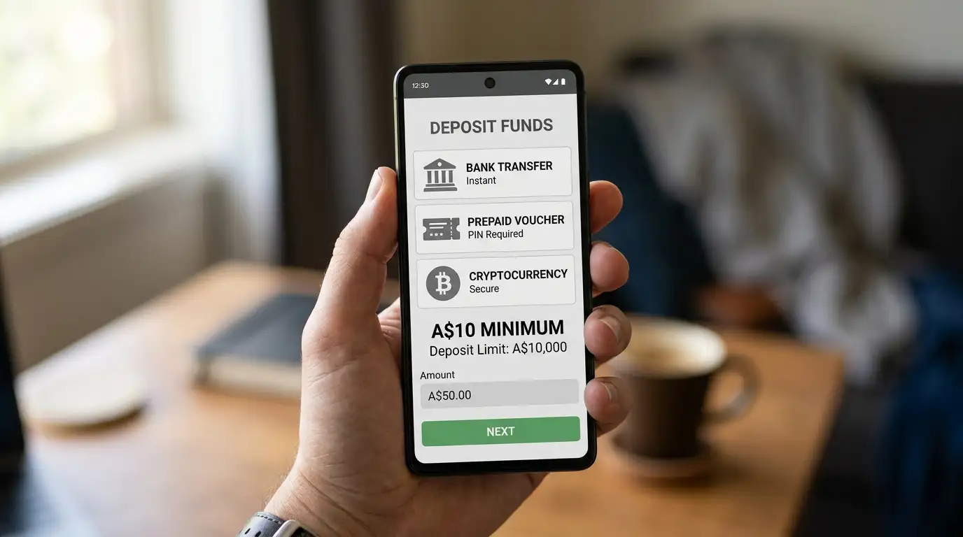 Smartphone displaying a casino cashier with bank transfer, prepaid voucher and crypto icons and an A$10 minimum notice
