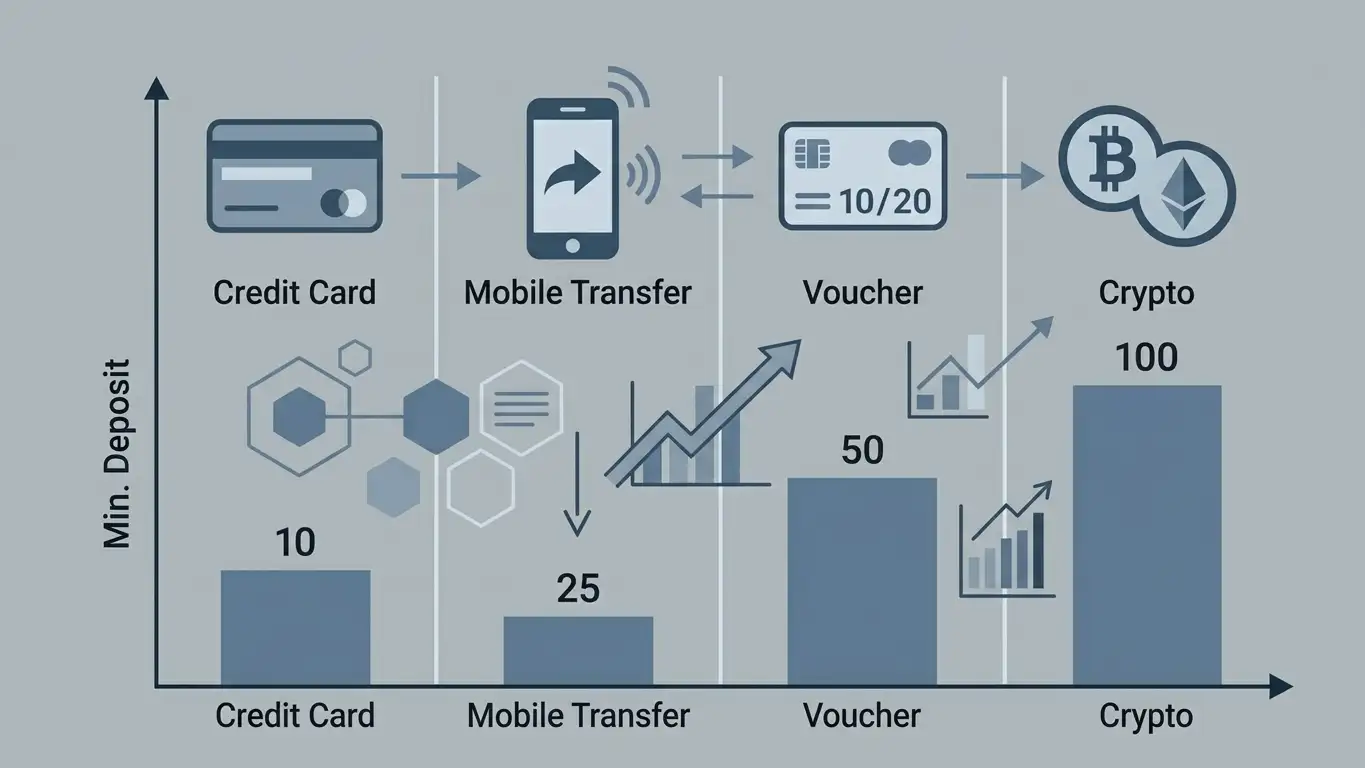 Payment methods comparison chart showing minimum thresholds for casino deposits