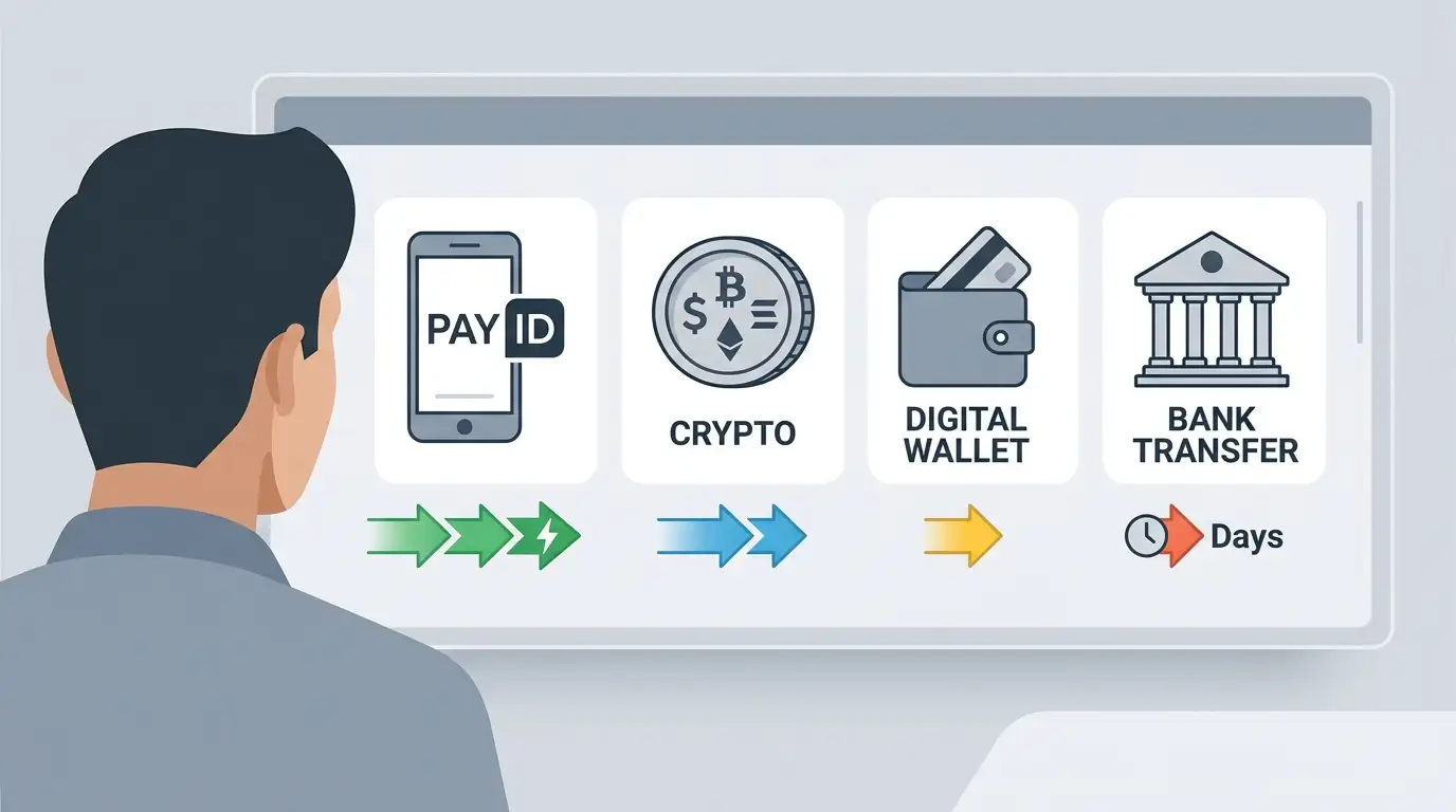 Payment method comparison showing PayID, cryptocurrency, e-wallets and bank transfers