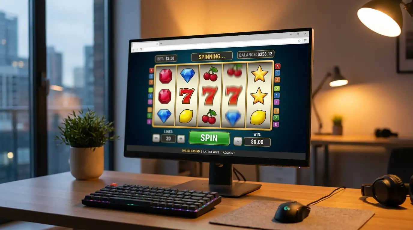 Modern online pokies interface showing reels and game controls on desktop screen