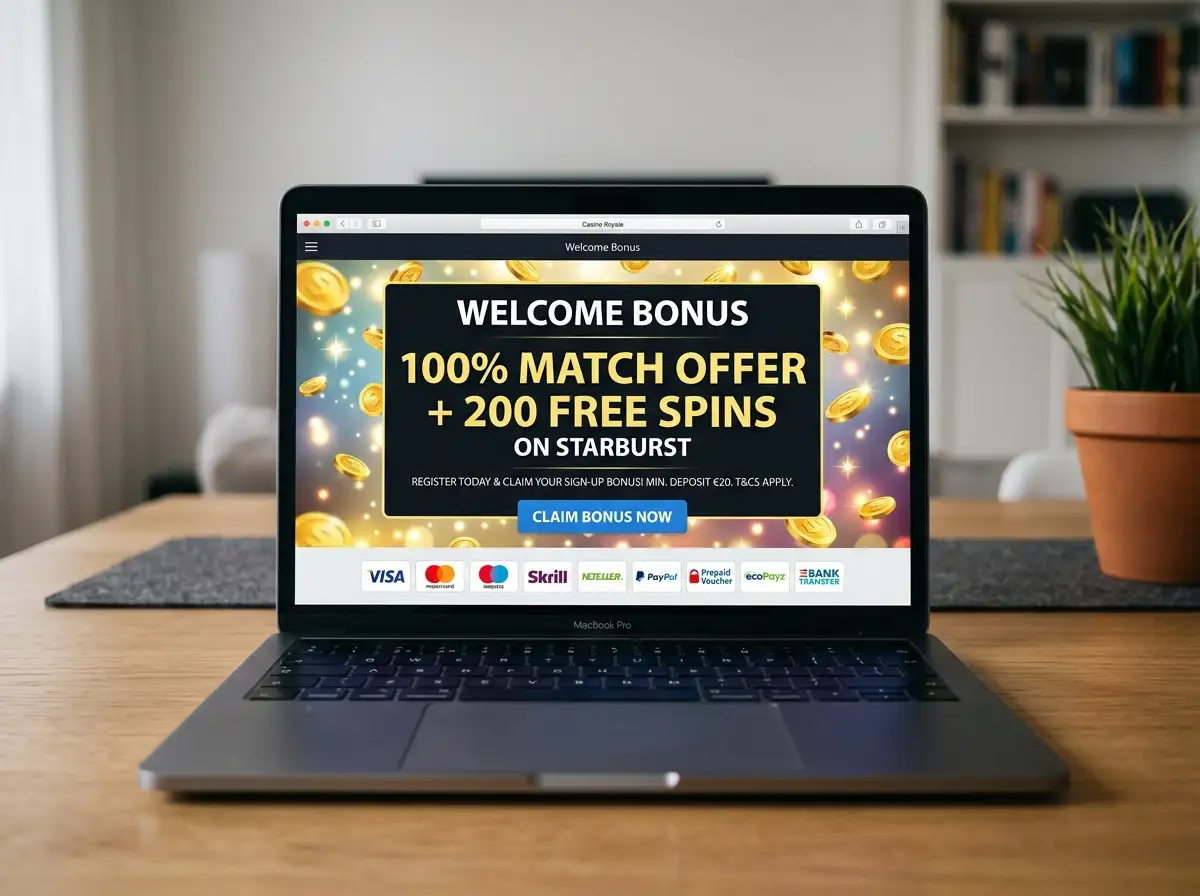 Casino welcome bonus promotional banner with Paysafecard logo included in eligible methods