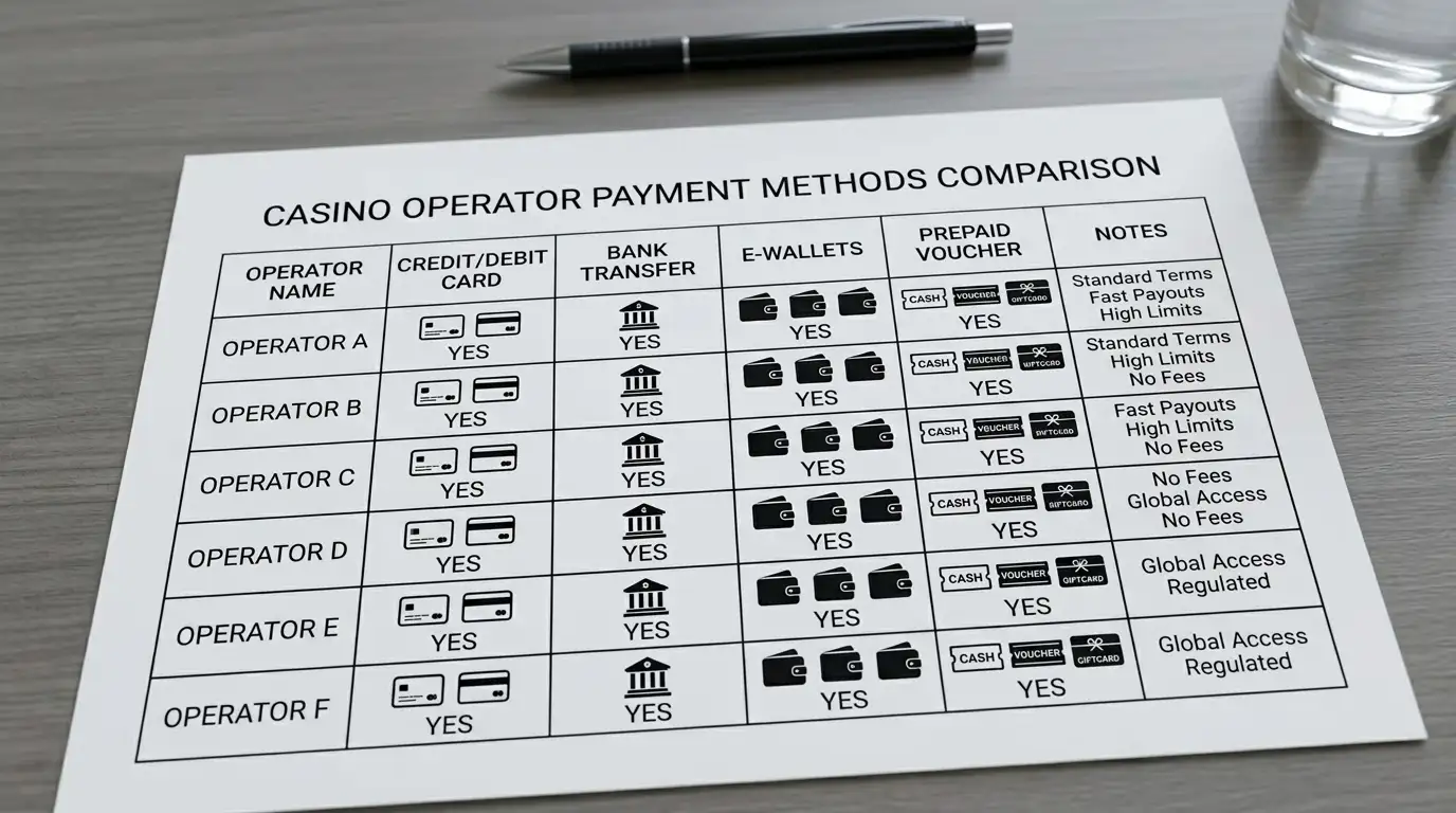 Comparison table showing casino operators with Paysafecard payment icons