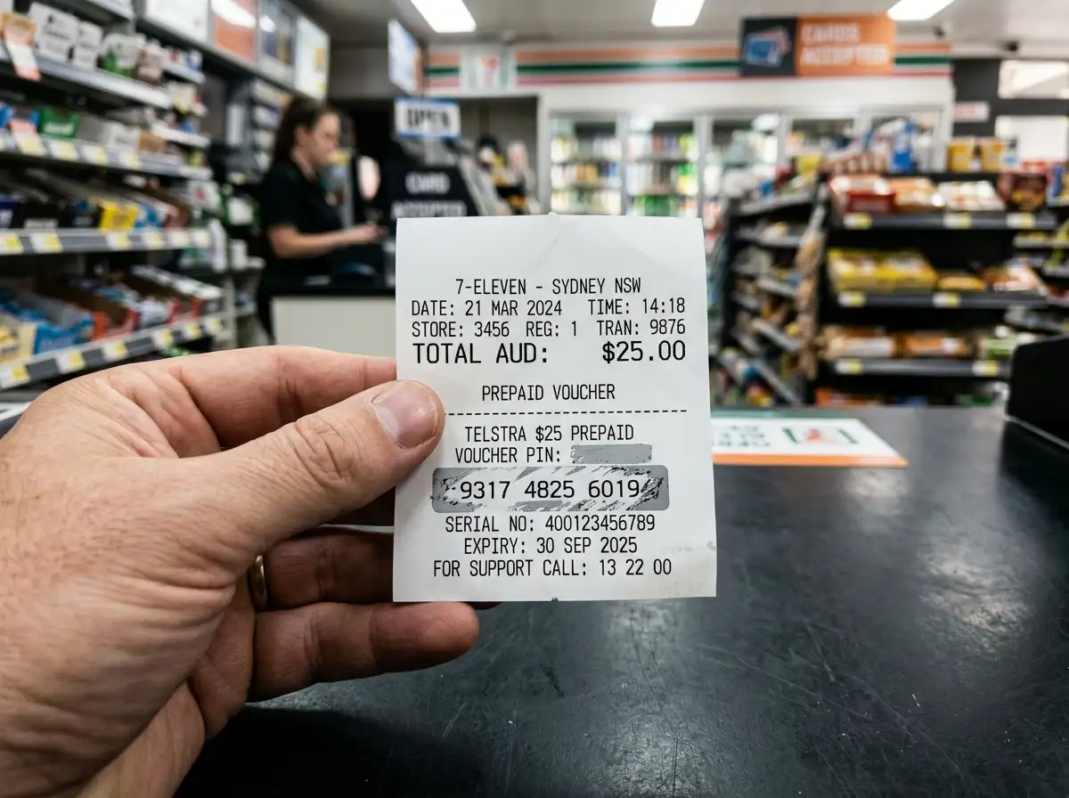 Hand holding Paysafecard retail receipt with PIN at 7-Eleven counter