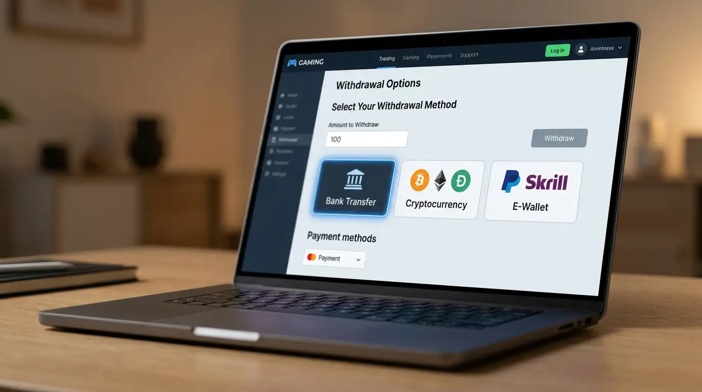 Laptop screen showing casino withdrawal options with PayID and crypto highlighted