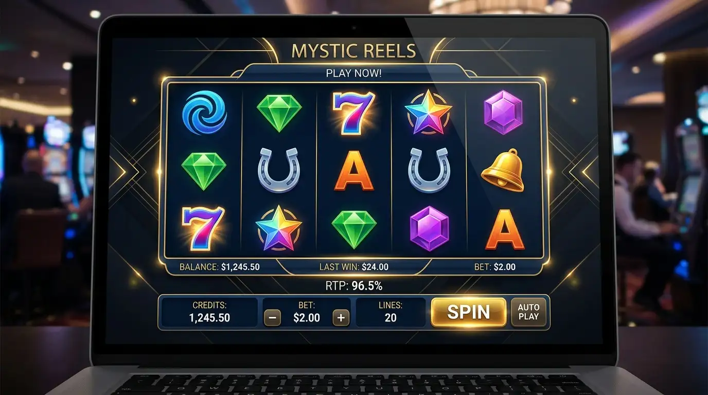 Online pokies interface showing bet amount controls and RTP percentage