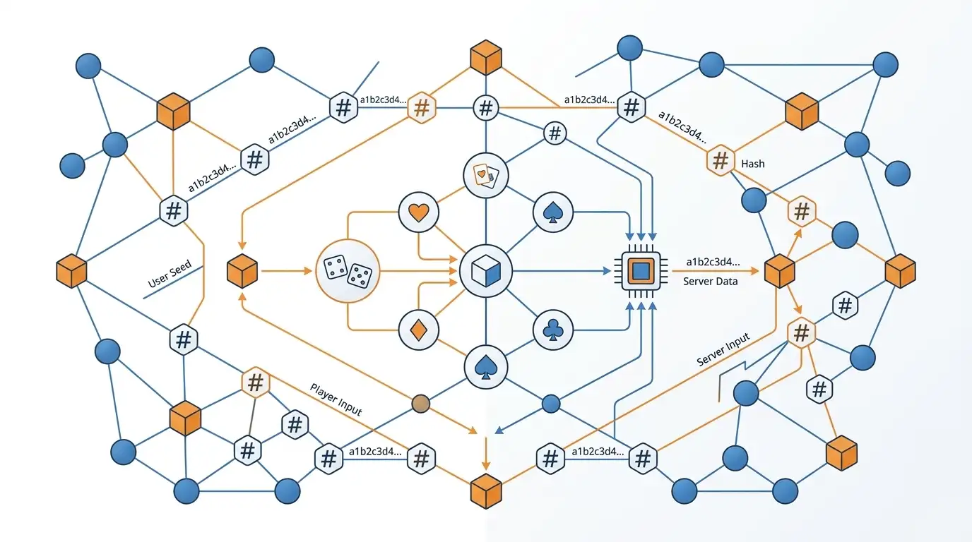 Abstract diagram showing provably fair gaming blockchain verification process with dice and card symbols